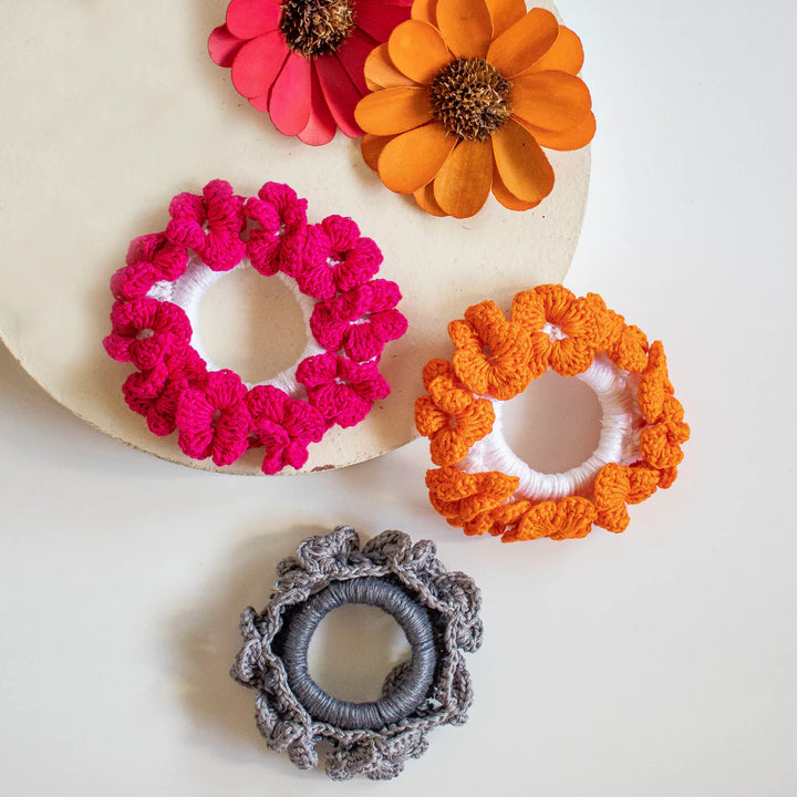 Handmade Crochet Scrunchies (Pink Grey, Saffron)