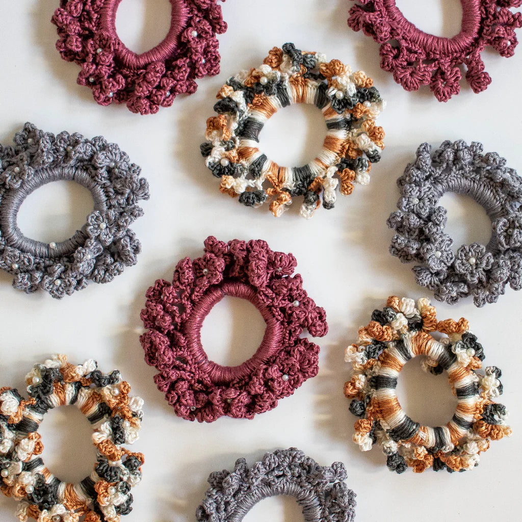 Handmade Crochet Scrunchies (Crimsun, Colourful, Grey)