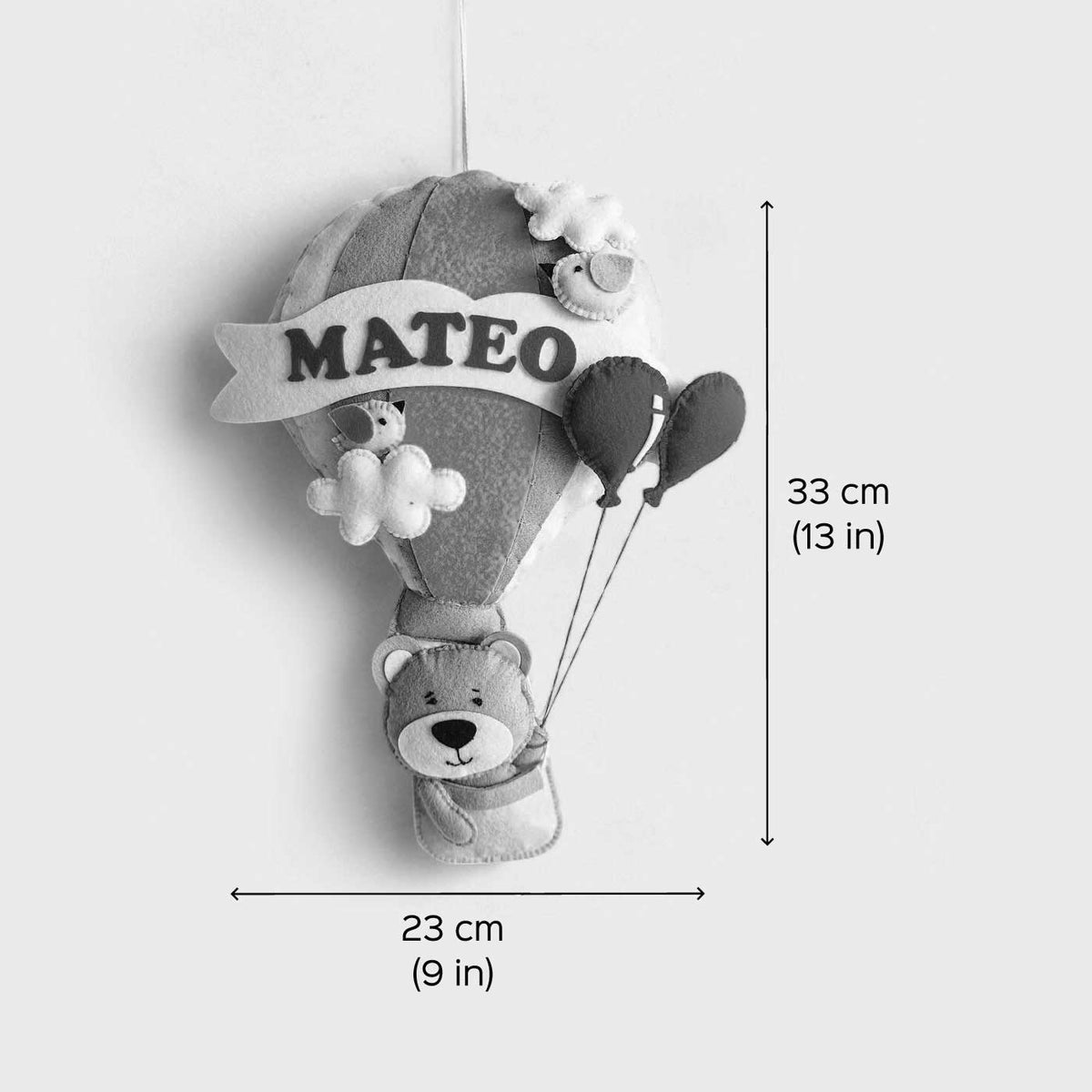 Babble Wrap  Grey Teddy in a Hot Air Balloon Name Hanging