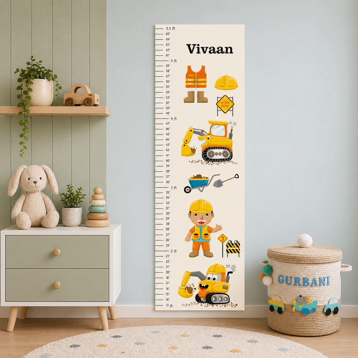 Babble Wrap Height Chart Wall Stickers - Tiny Construction Crew