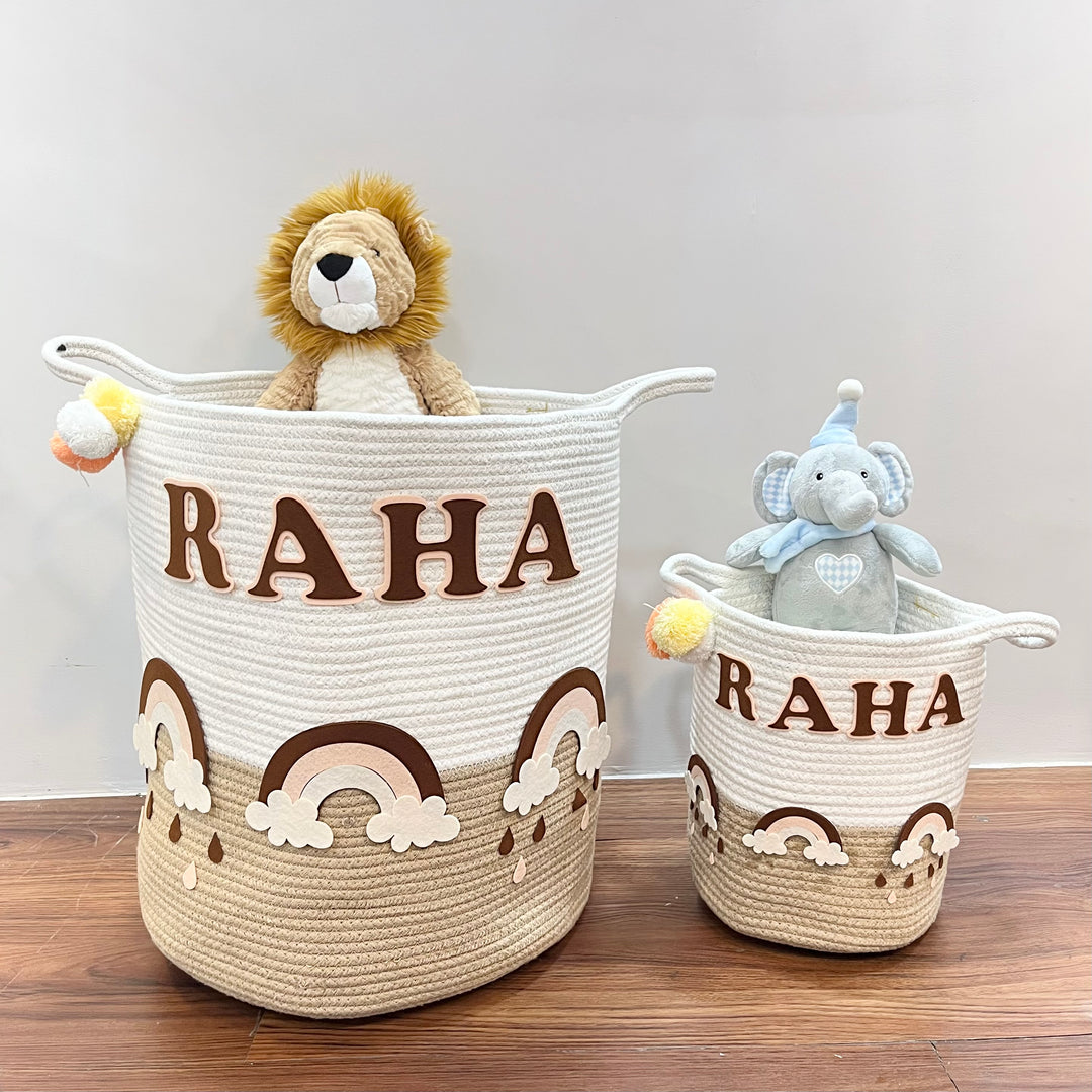 Babble Wrap Jute Cotton Storage Basket - Rainbow Raindrops