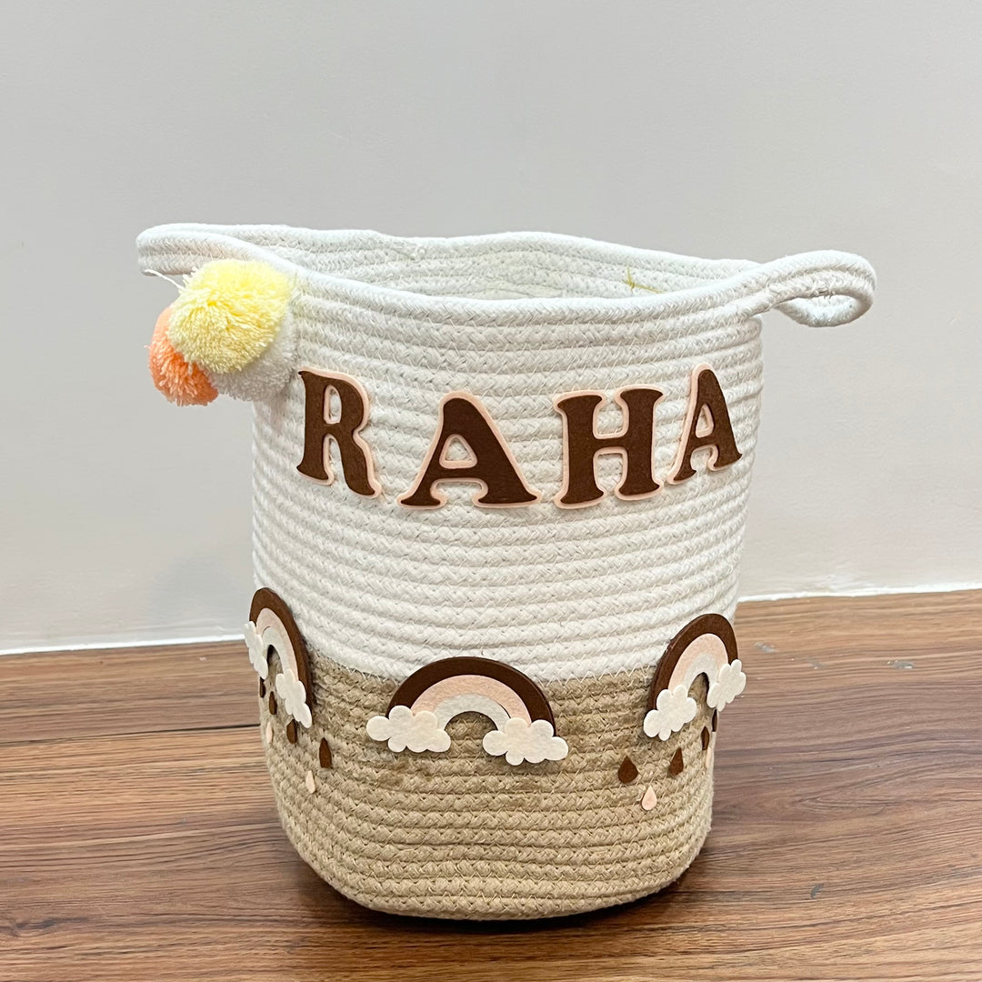 Babble Wrap Jute Cotton Storage Basket - Rainbow Raindrops