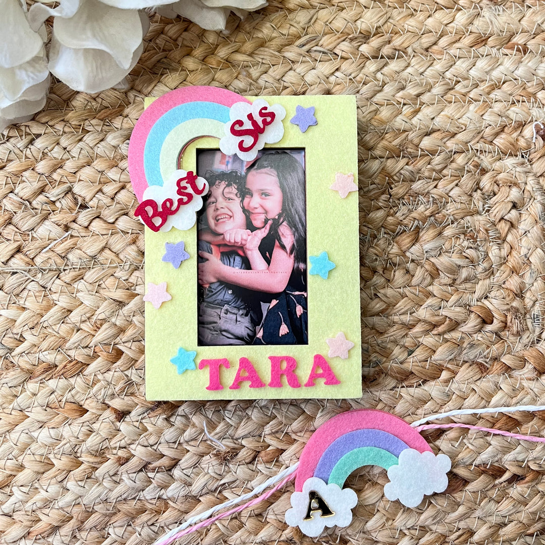 Babble Wrap Wooden PhotoFrame With Rakhi - Rainbow Radiance