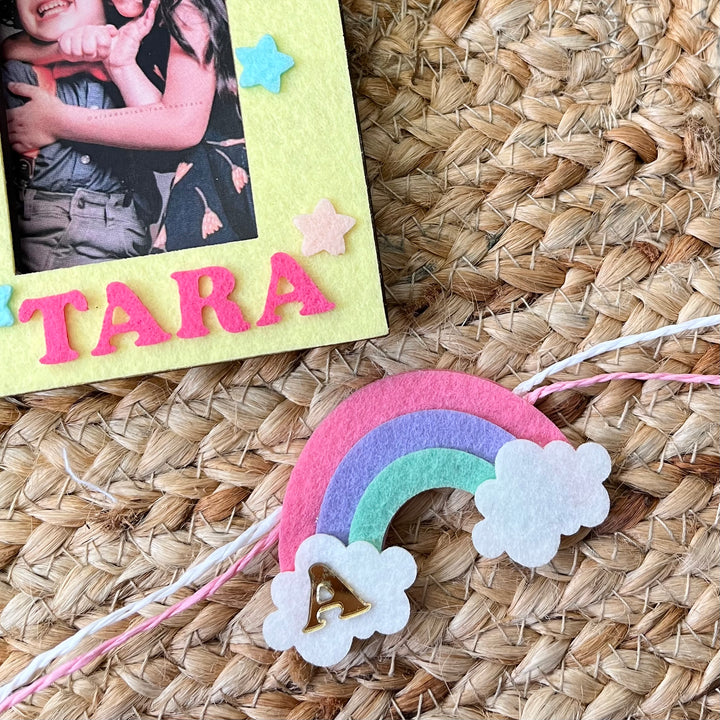 Babble Wrap Wooden PhotoFrame With Rakhi - Rainbow Radiance