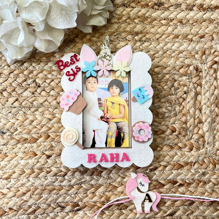 Babble Wrap Wooden PhotoFrame With Rakhi - Unicorn Sparkles