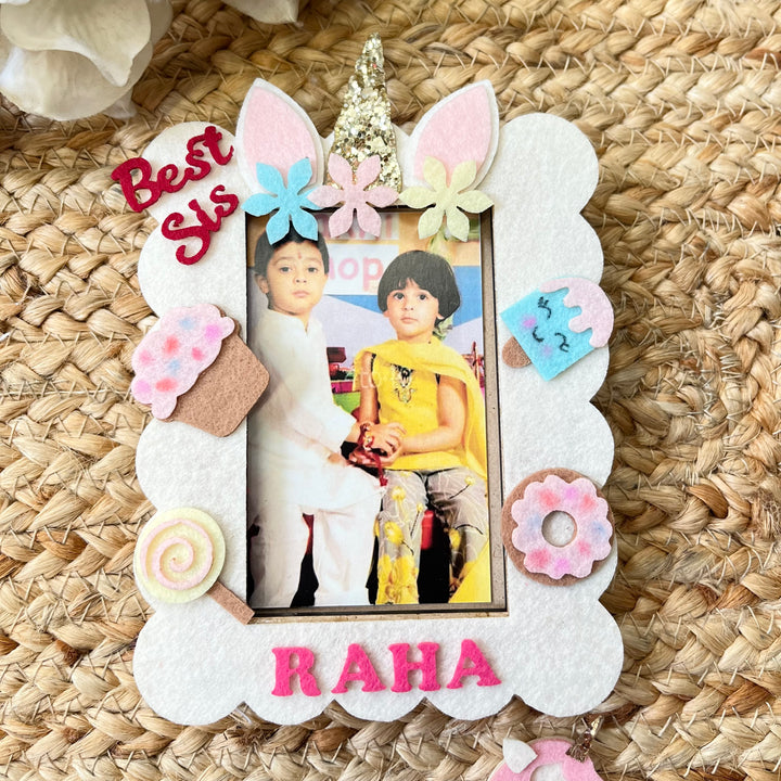 Babble Wrap Wooden PhotoFrame With Rakhi - Unicorn Sparkles