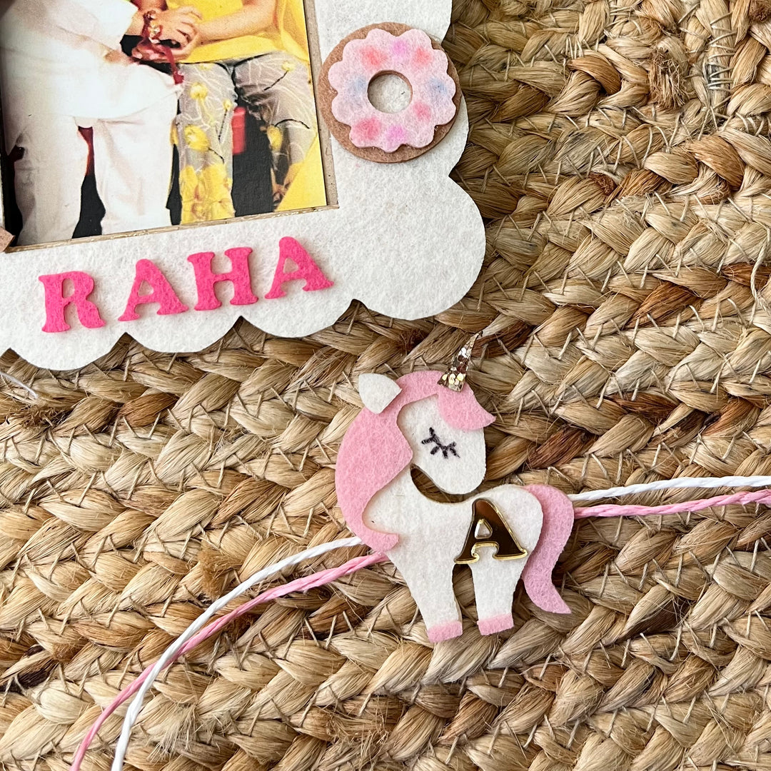 Babble Wrap Wooden PhotoFrame With Rakhi - Unicorn Sparkles