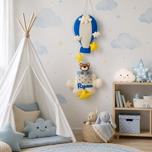 Babble Wrap  Brown Teddy in a Hot Air Balloon Name Hanging