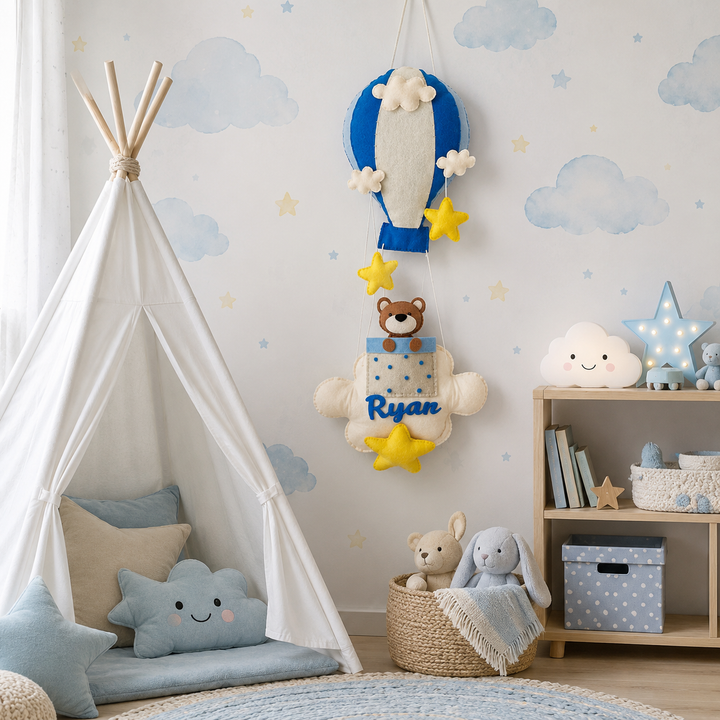 Babble Wrap  Brown Teddy in a Hot Air Balloon Name Hanging