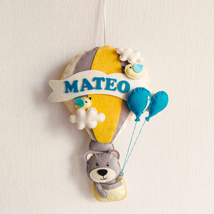 Babble Wrap  Grey Teddy in a Hot Air Balloon Name Hanging