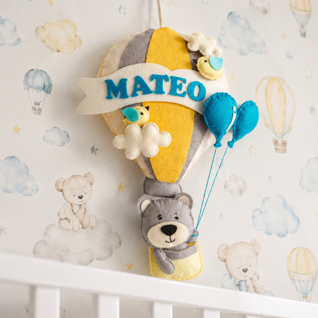 Babble Wrap  Grey Teddy in a Hot Air Balloon Name Hanging