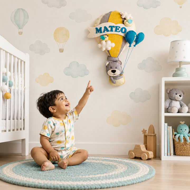 Babble Wrap  Grey Teddy in a Hot Air Balloon Name Hanging