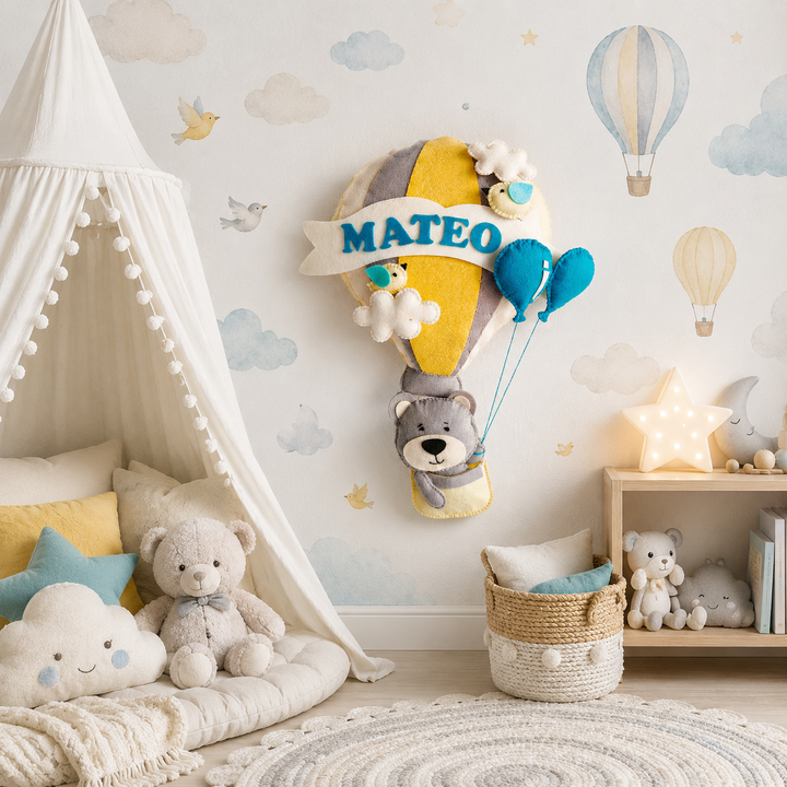 Babble Wrap  Grey Teddy in a Hot Air Balloon Name Hanging