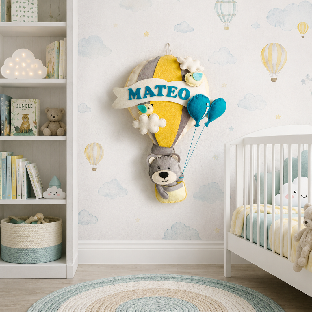 Babble Wrap  Grey Teddy in a Hot Air Balloon Name Hanging