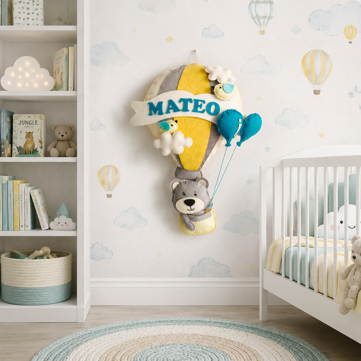 Babble Wrap  Grey Teddy in a Hot Air Balloon Name Hanging