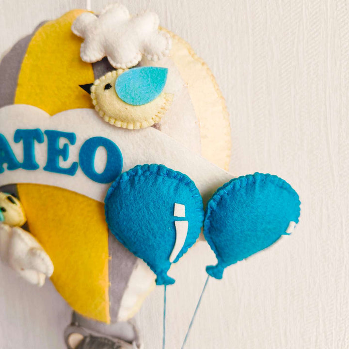 Babble Wrap  Grey Teddy in a Hot Air Balloon Name Hanging