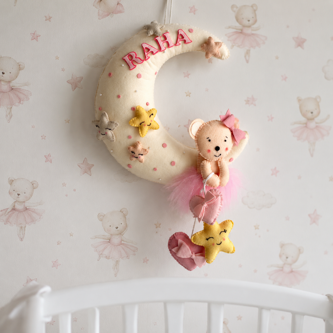 Babble Wrap  Pink Teddy On a Moon Name Hanging
