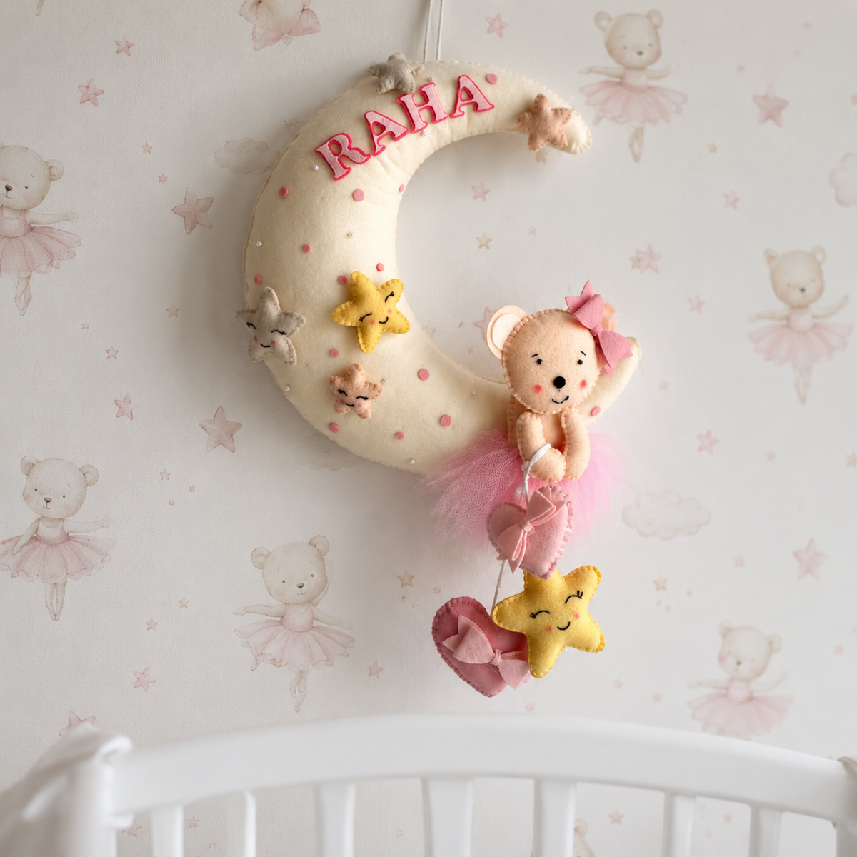 Babble Wrap  Pink Teddy On a Moon Name Hanging