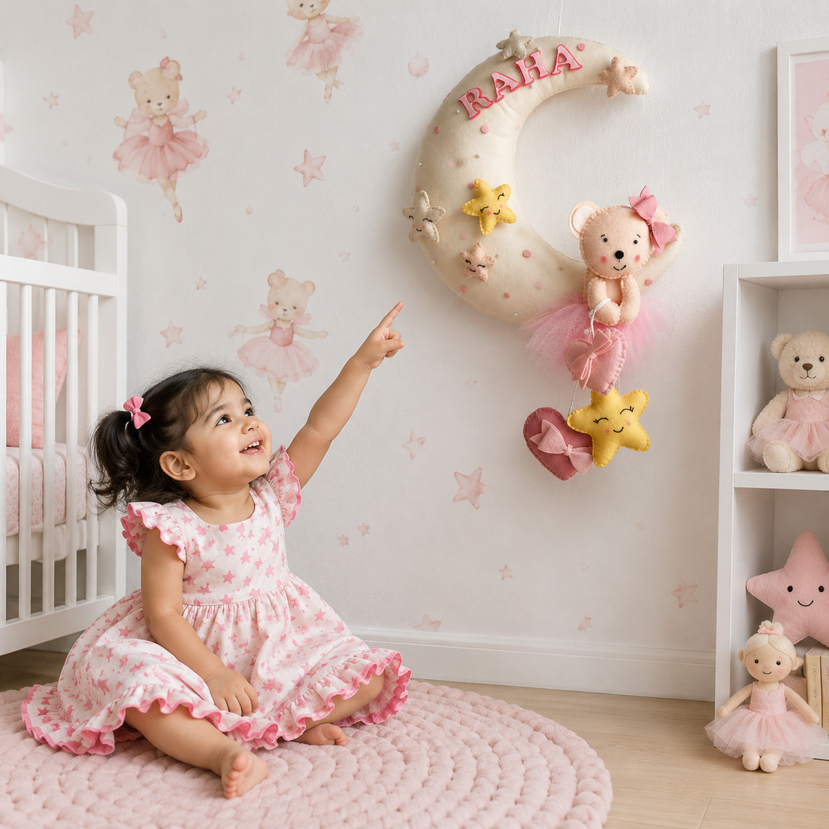 Babble Wrap  Pink Teddy On a Moon Name Hanging