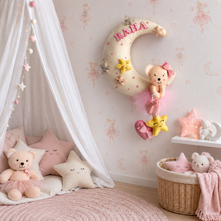 Babble Wrap  Pink Teddy On a Moon Name Hanging