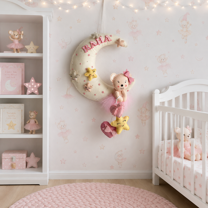 Babble Wrap  Pink Teddy On a Moon Name Hanging