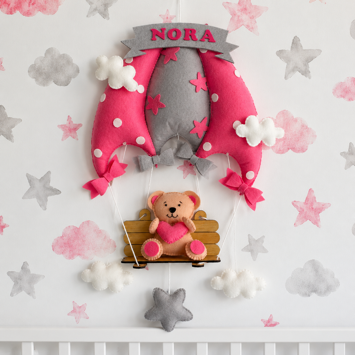 Babble Wrap  Pink Teddy On a Swing Name Hanging