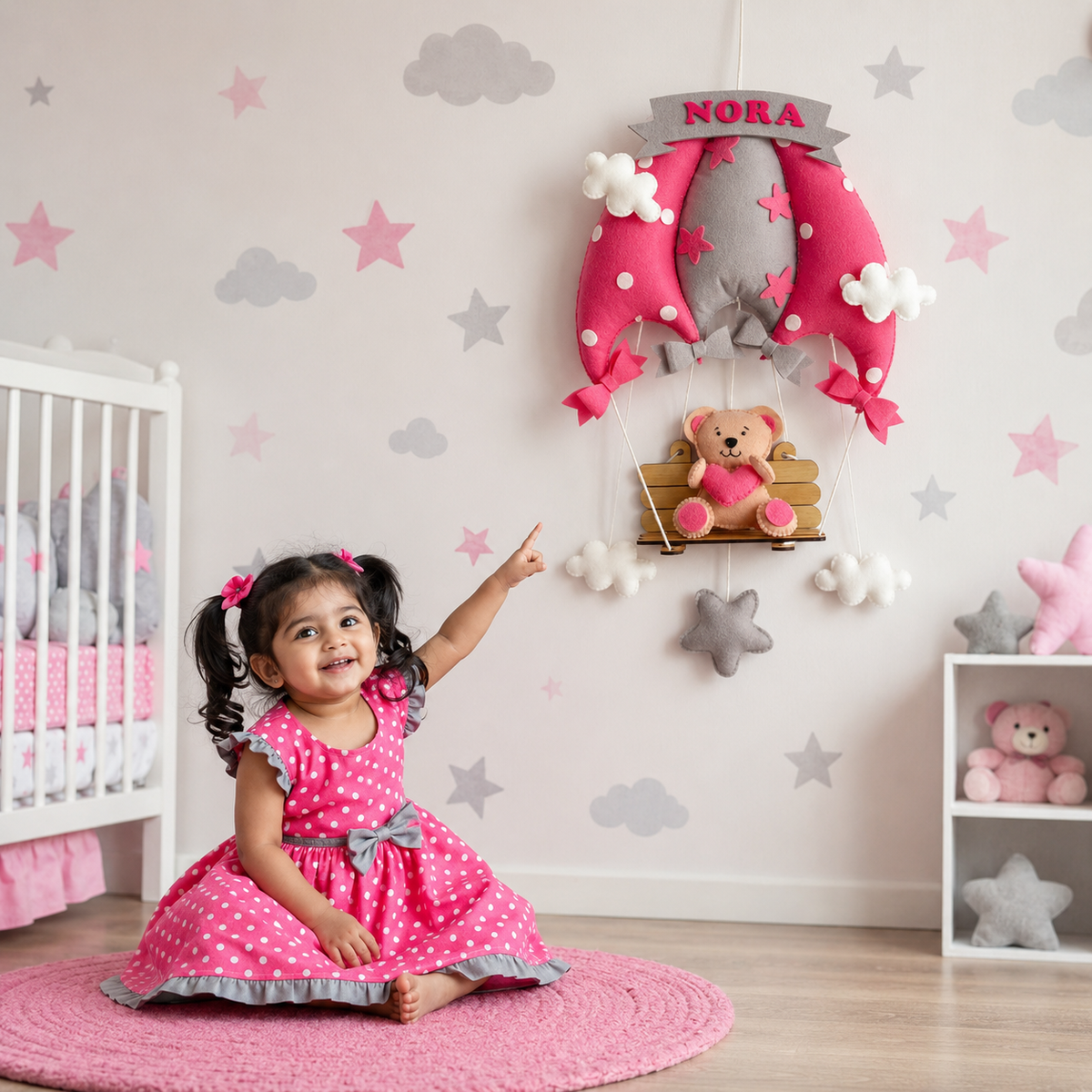 Babble Wrap  Pink Teddy On a Swing Name Hanging