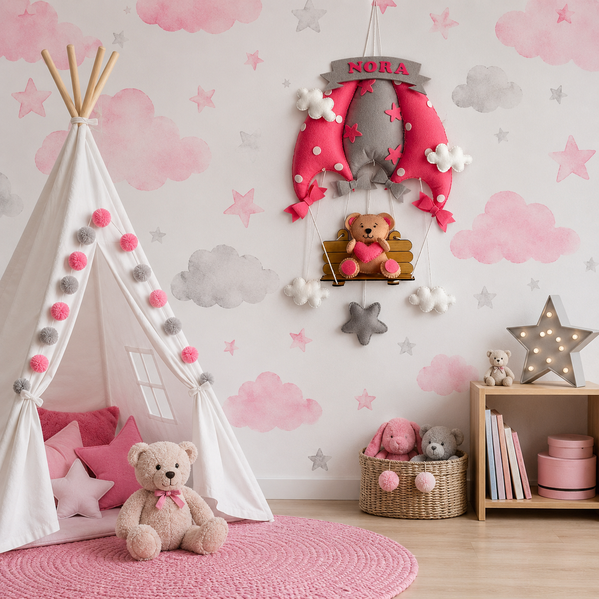 Babble Wrap  Pink Teddy On a Swing Name Hanging