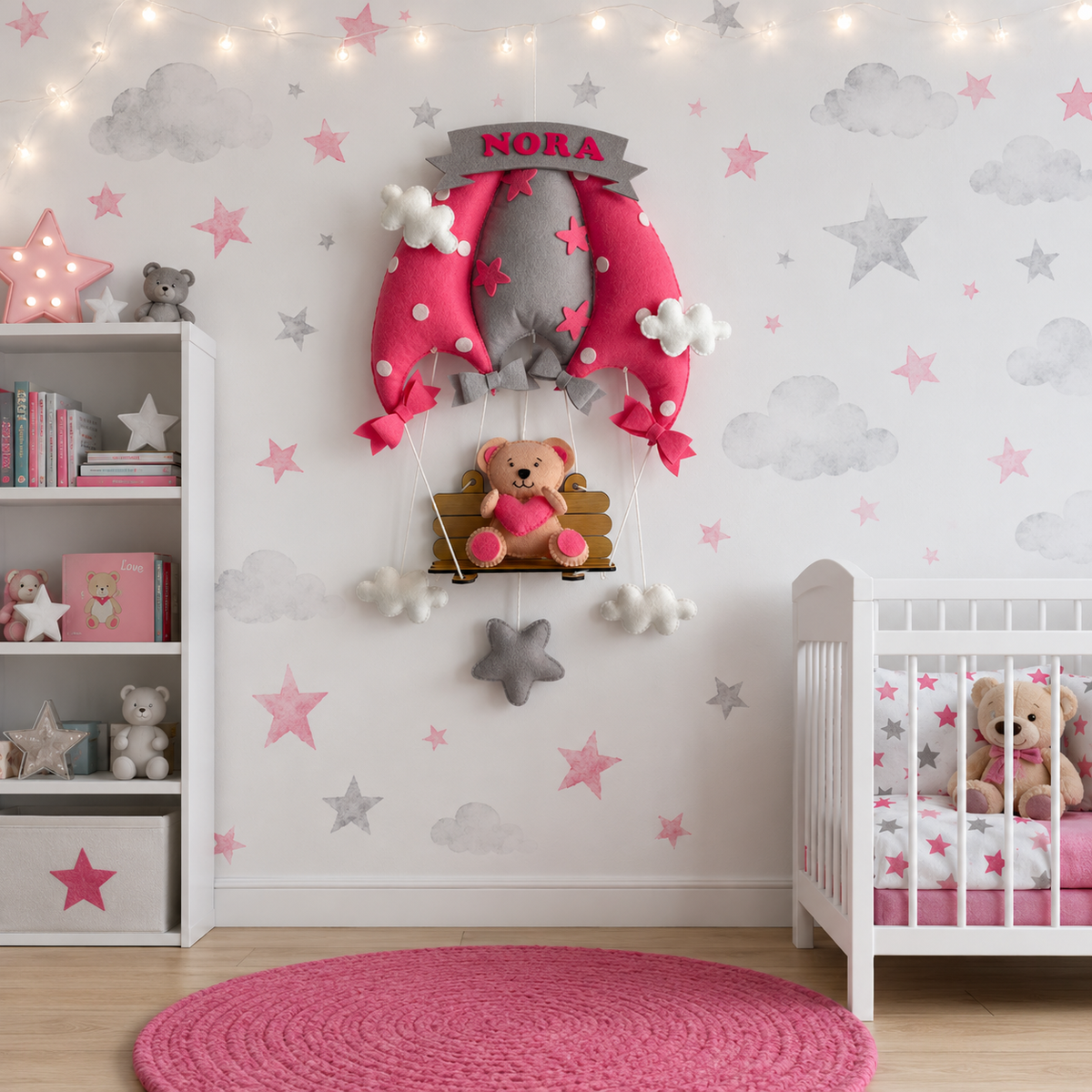 Babble Wrap  Pink Teddy On a Swing Name Hanging