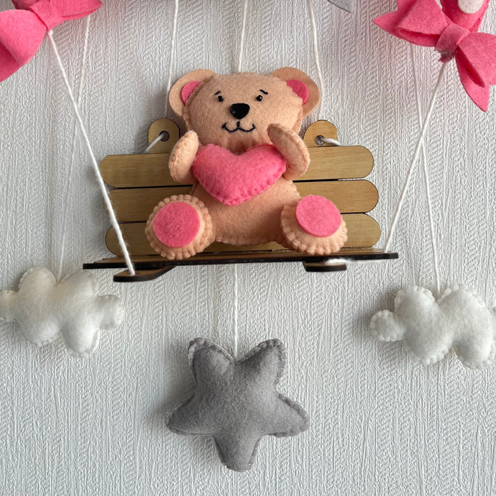 Babble Wrap  Pink Teddy On a Swing Name Hanging