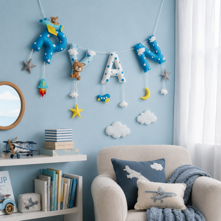 Babble Wrap Teddy on a Plane Name Bunting Garland
