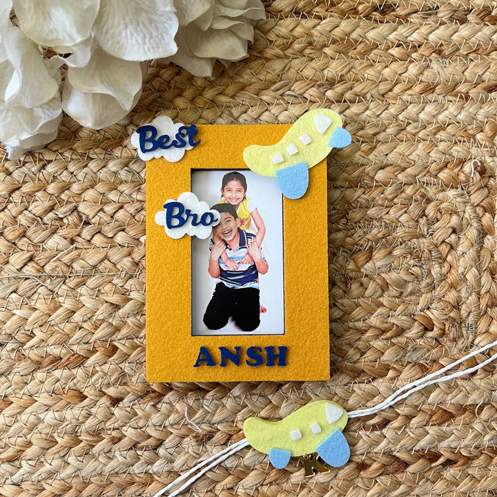 Babble Wrap Wooden PhotoFrame With Rakhi - Winged Wonder