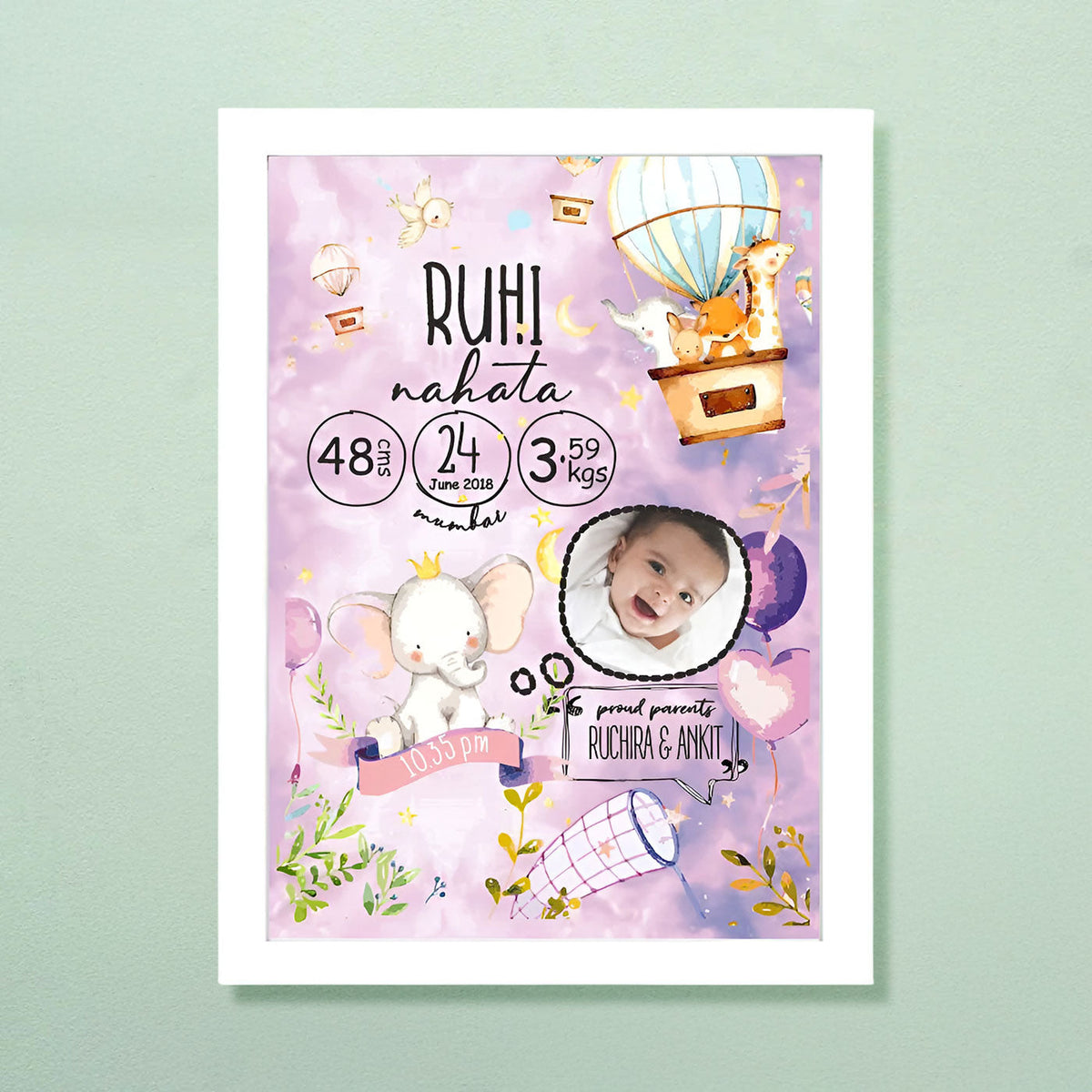 Birth Statistics Frame - Hot Air Balloon Lavender