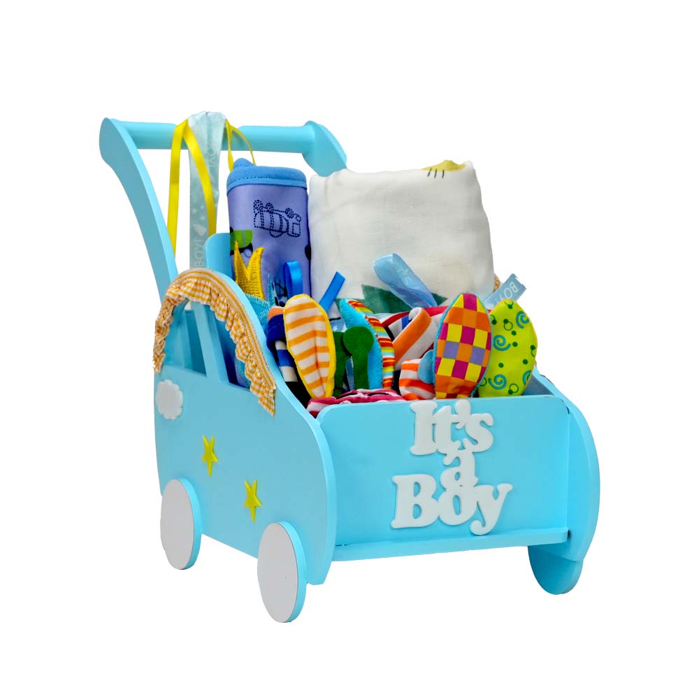 Blue 0 to 12 months Baby Girl Gift Toy Wooden Pram Hamper