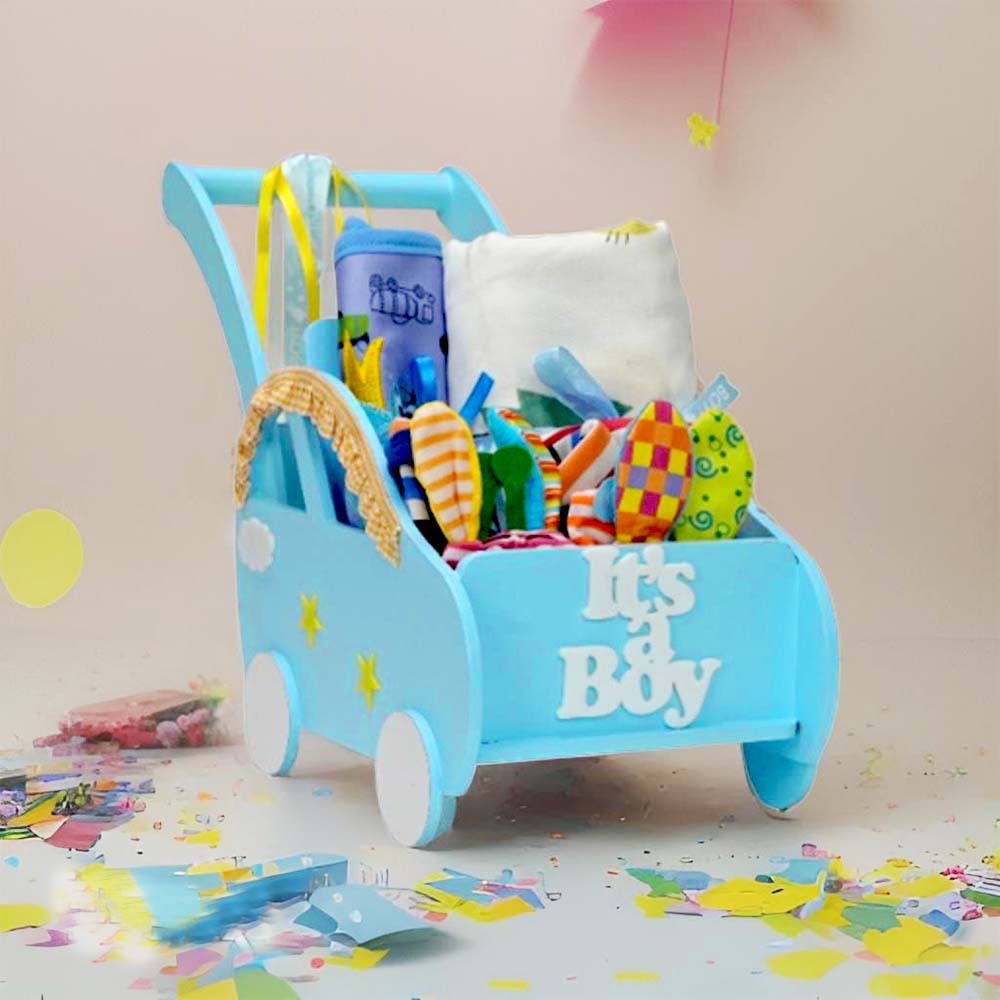 Blue 0 to 12 months Baby Girl Gift Toy Wooden Pram Hamper