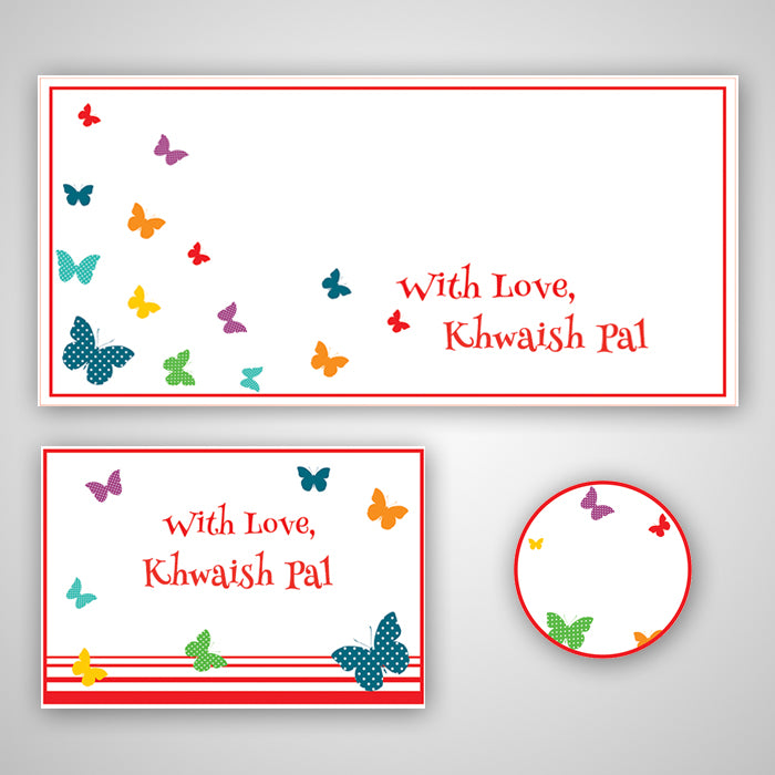 PERSONALISED GIFT ENVELOPES, CARDS & STICKERS COMBO -  BUTTERFLY, SET OF 130