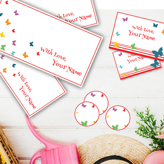 PERSONALISED GIFT ENVELOPES, CARDS & STICKERS COMBO -  BUTTERFLY, SET OF 130