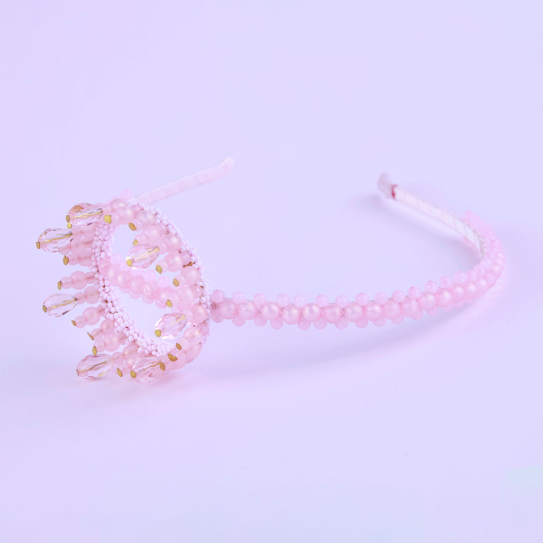 Princess Crown Shaped Beaded Hairband with Crystal Embellishments for Girls - Pink