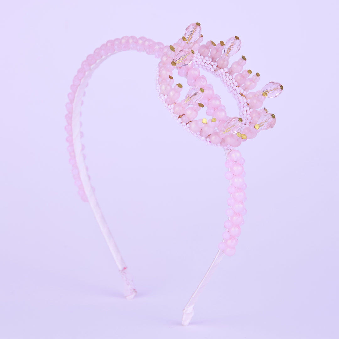 Princess Crown Shaped Beaded Hairband with Crystal Embellishments for Girls - Pink