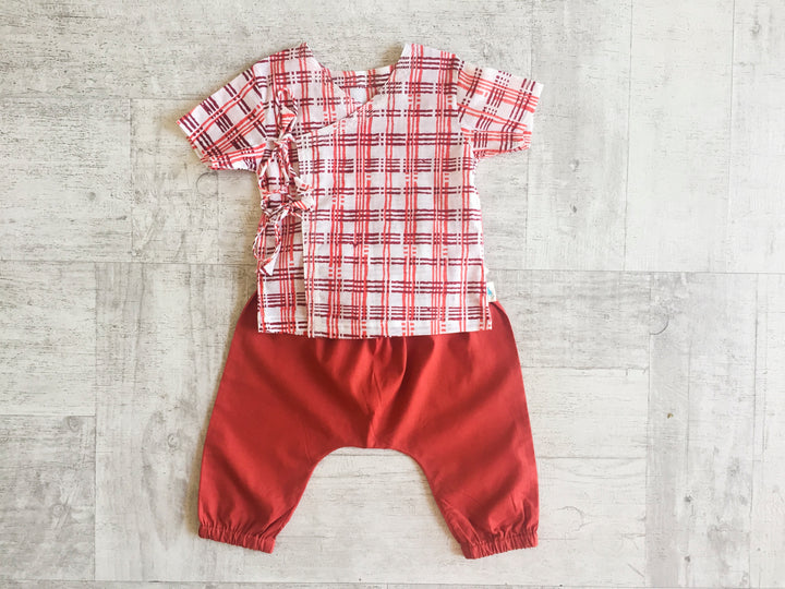 UNISEX ORGANIC CHECKS PRINT ANGARAKHA TOP + RED PANTS