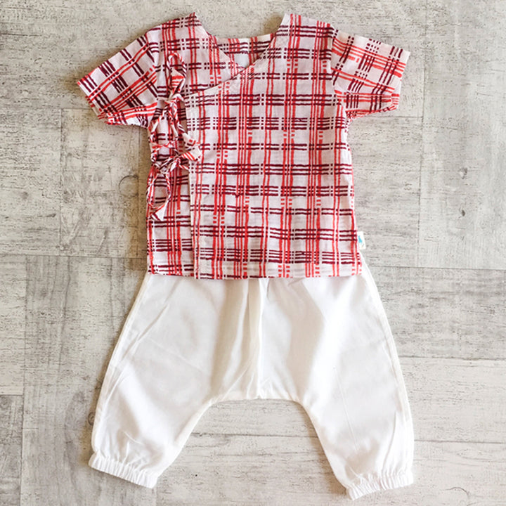 UNISEX ORGANIC CHECKS PRINT ANGARAKHA TOP + WHITE PANTS