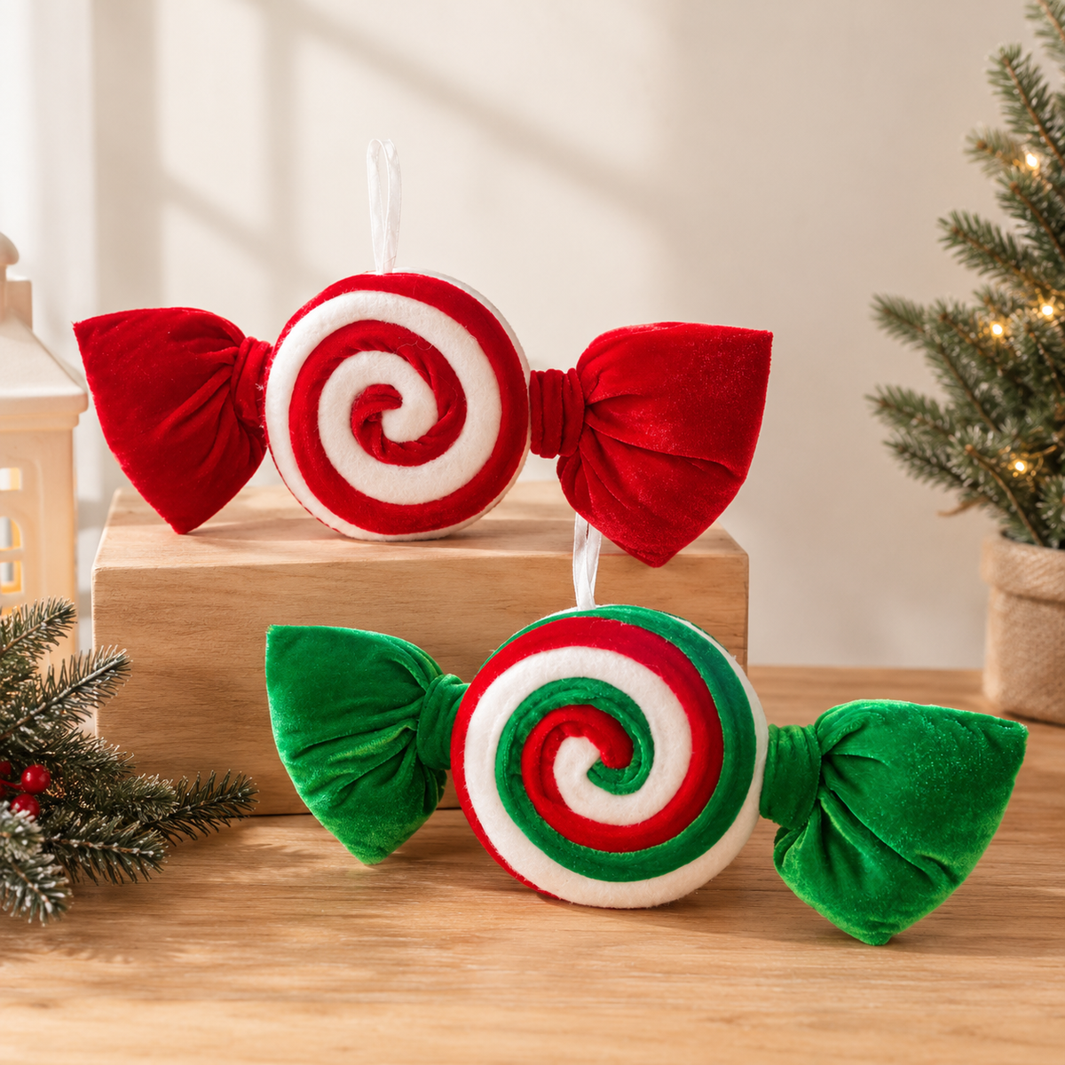 Candy Cane velvet Christmas Ornaments  – Set of 2