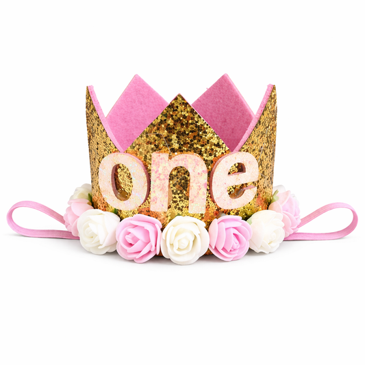 Birthday “One” Crown Headband (Pink & Gold)
