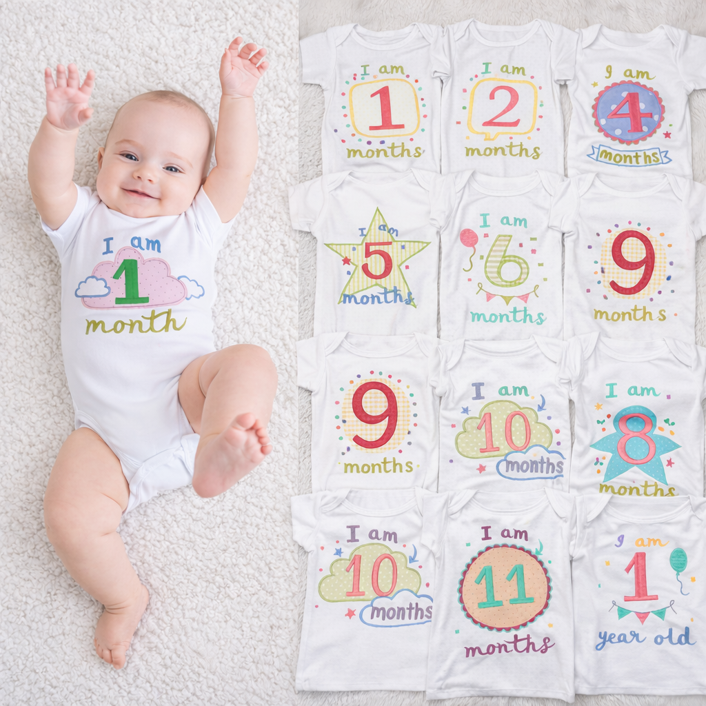 Hand Embroidered Milestone Romper Set of 12 - Clouds