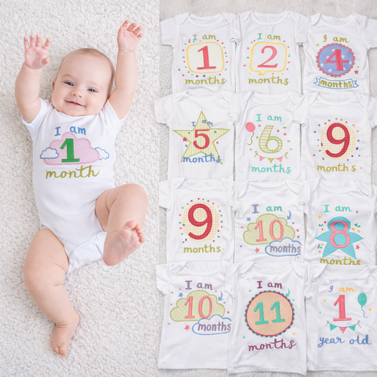 Hand Embroidered Milestone Romper Set of 12 - Clouds