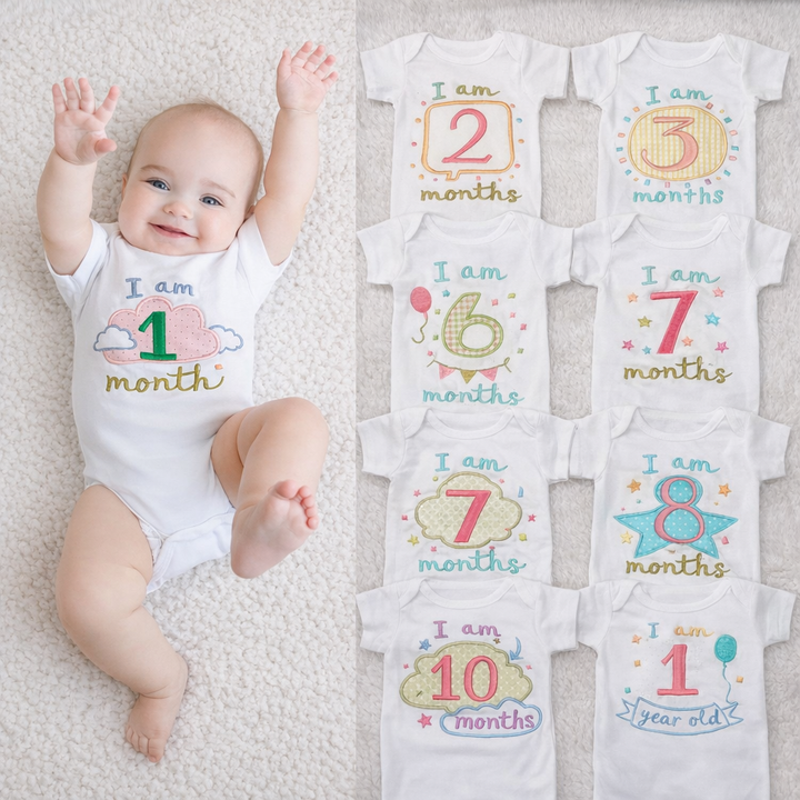 Hand Embroidered Milestone Romper Set of 12 - Clouds