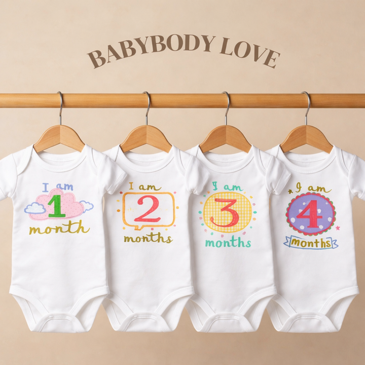 Hand Embroidered Milestone Romper Set of 12 - Clouds