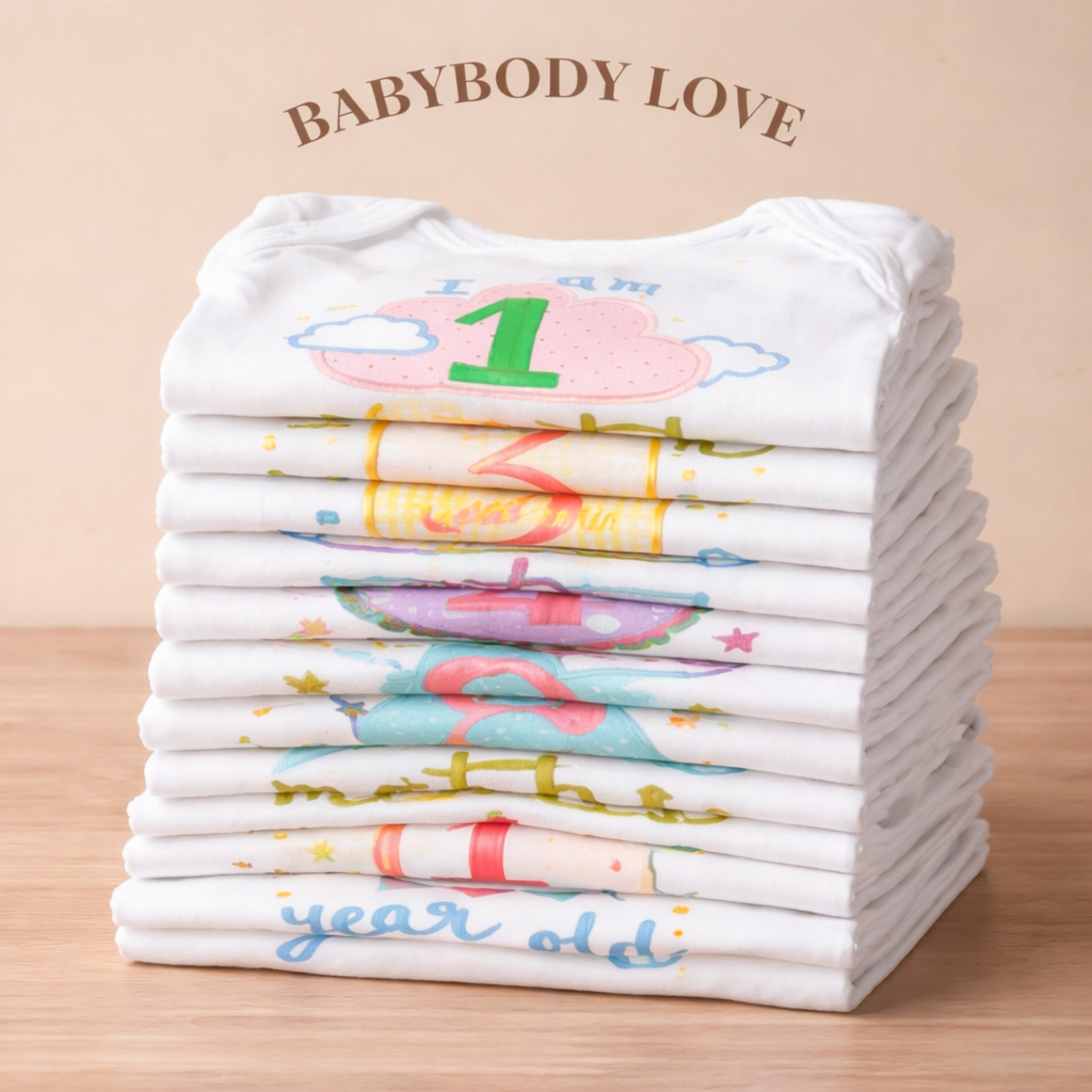 Hand Embroidered Milestone Romper Set of 12 - Clouds