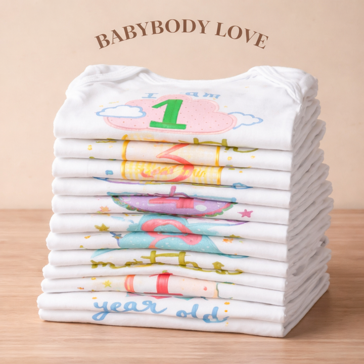 Hand Embroidered Milestone Romper Set of 12 - Clouds