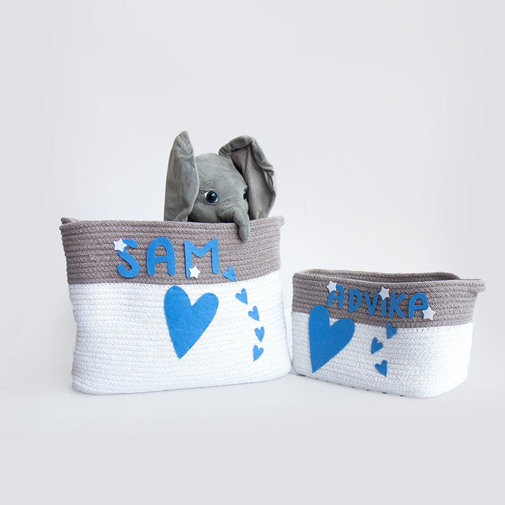 Doodle Hearts - Cotton Rope Baskets Blue (Individual/Set Of 2)